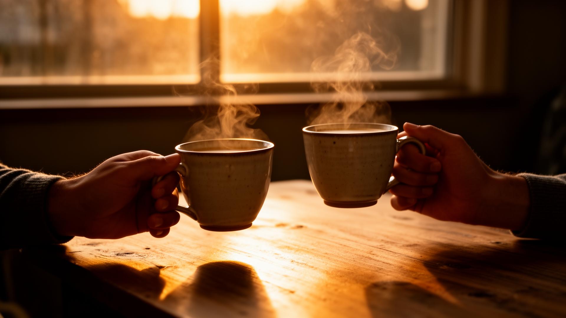Two hands sharing coffee at golden hour