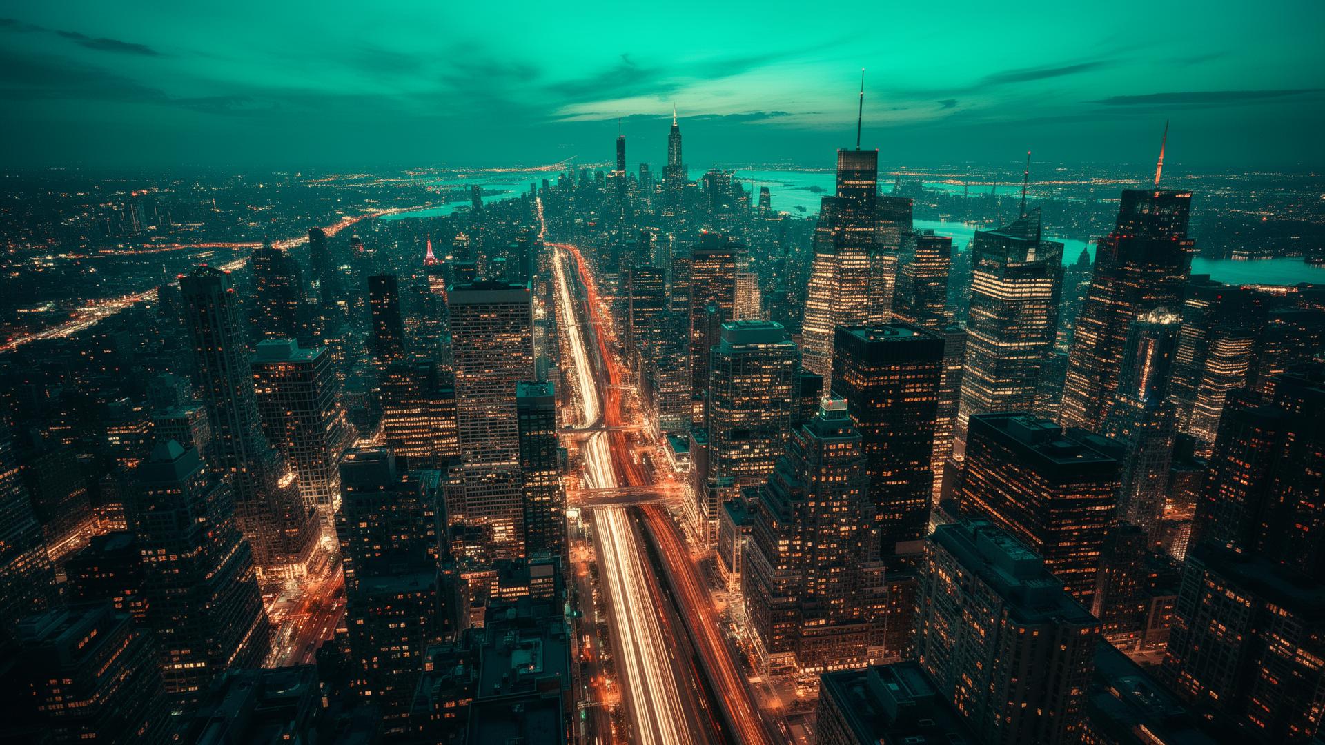 Cinematic global city skyline at twilight